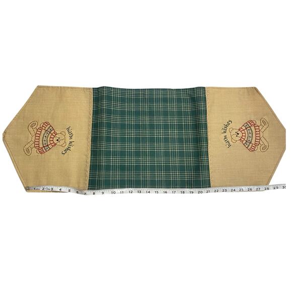 Vintage table runner for side table that reads “Warm Wishes” w teddy bear design - Picture 10 of 16